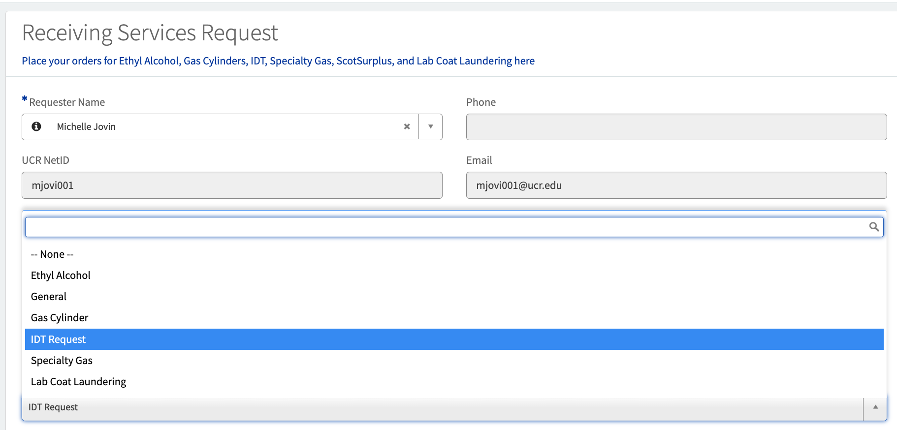 Work Order page with IDT Request selected.