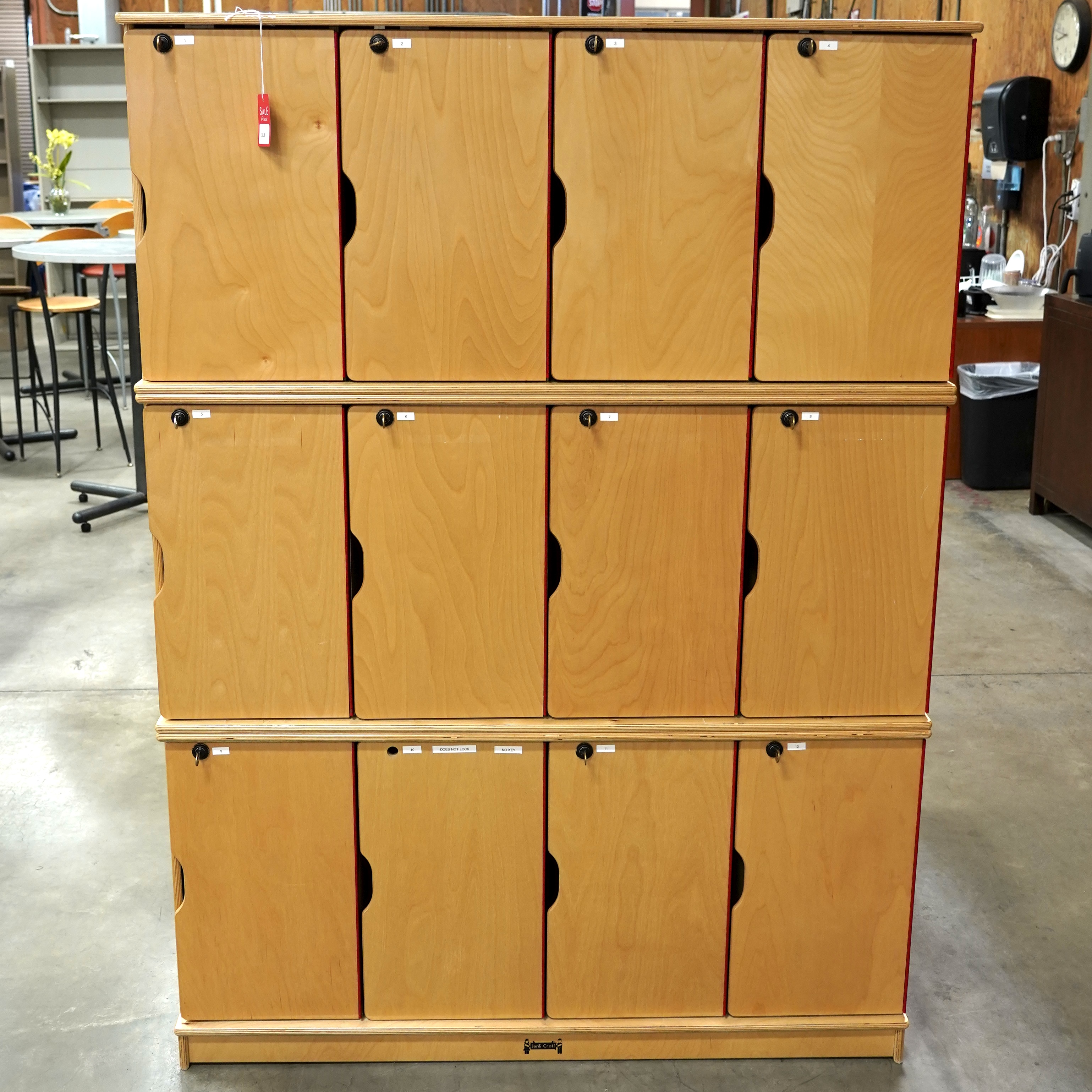 Sets of wooden lockers with 12 lockers with keys.