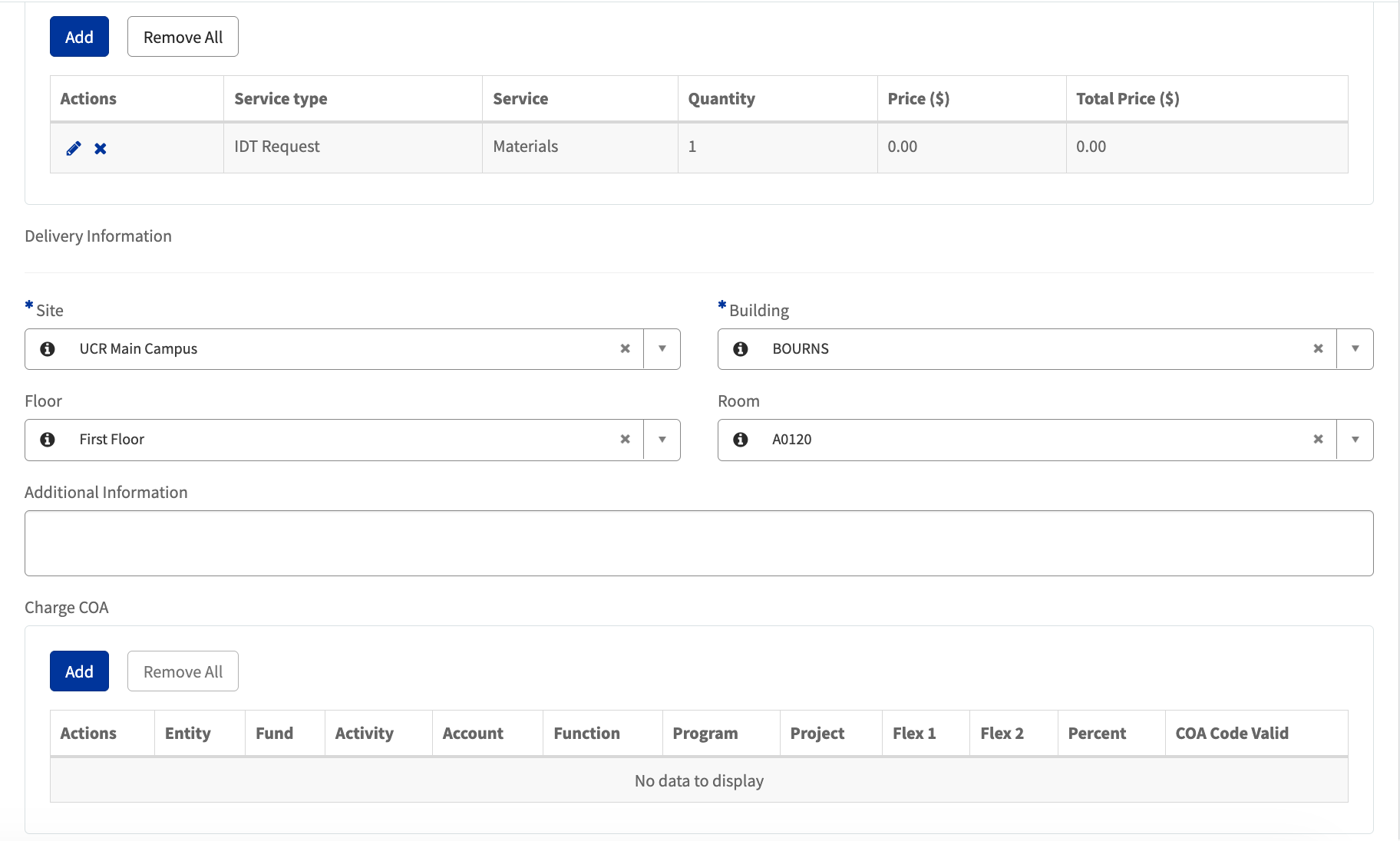 Work Order webpage with location information filled in and COA section blank.