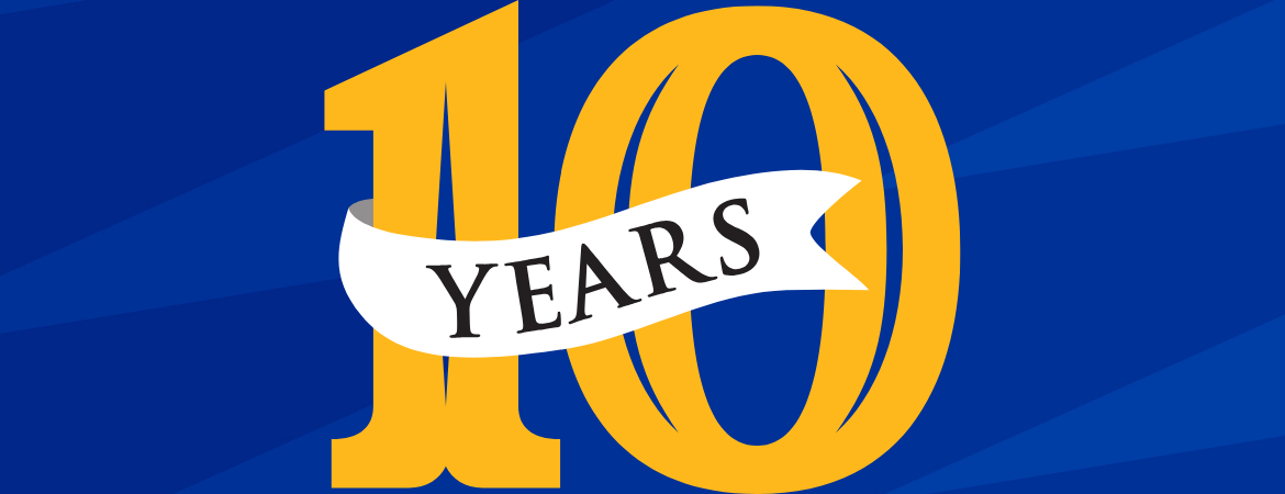 A blue background with a gold "10 Years".