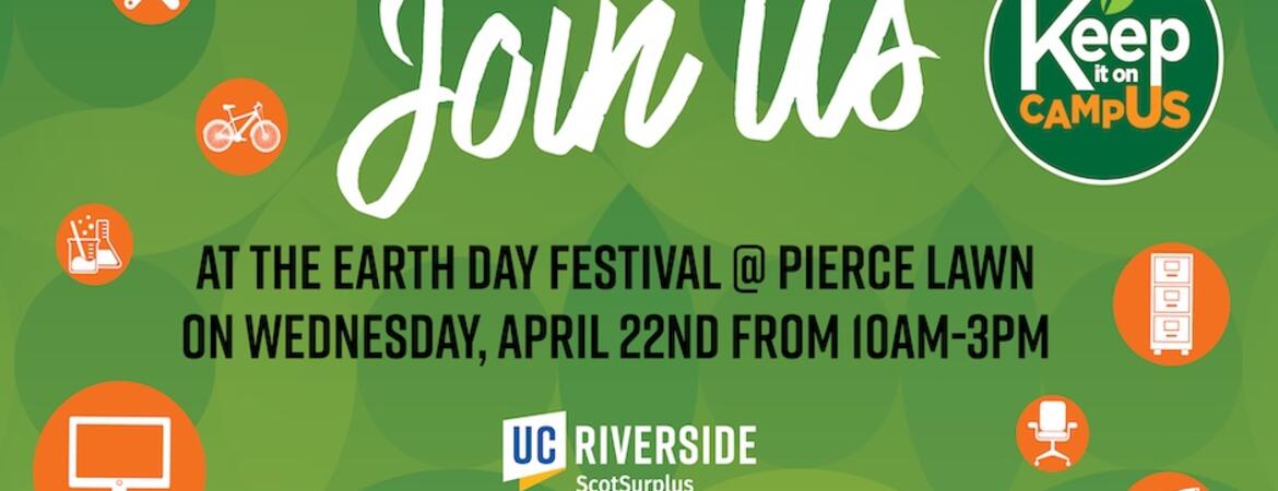 Green banner with "Join Us At the Earth Day Festival at Pierce Lawn on Wednesday, April 22 from 10AM to 3PM" on it.
