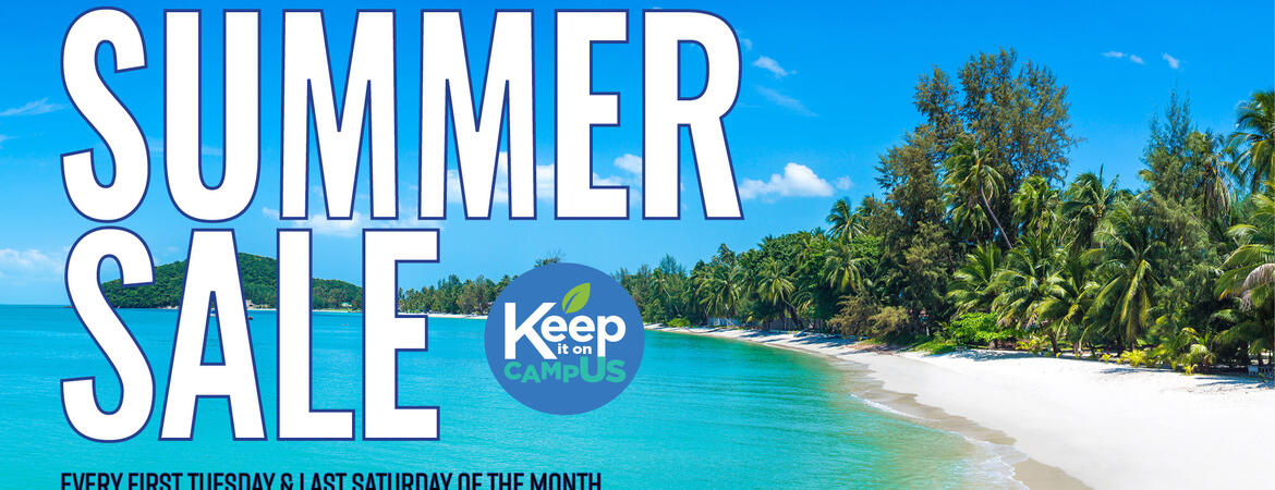 A beach scene with "UCR ScotSurplus Summer Sale: Every First Tuesday & Last Saturday of the Month."