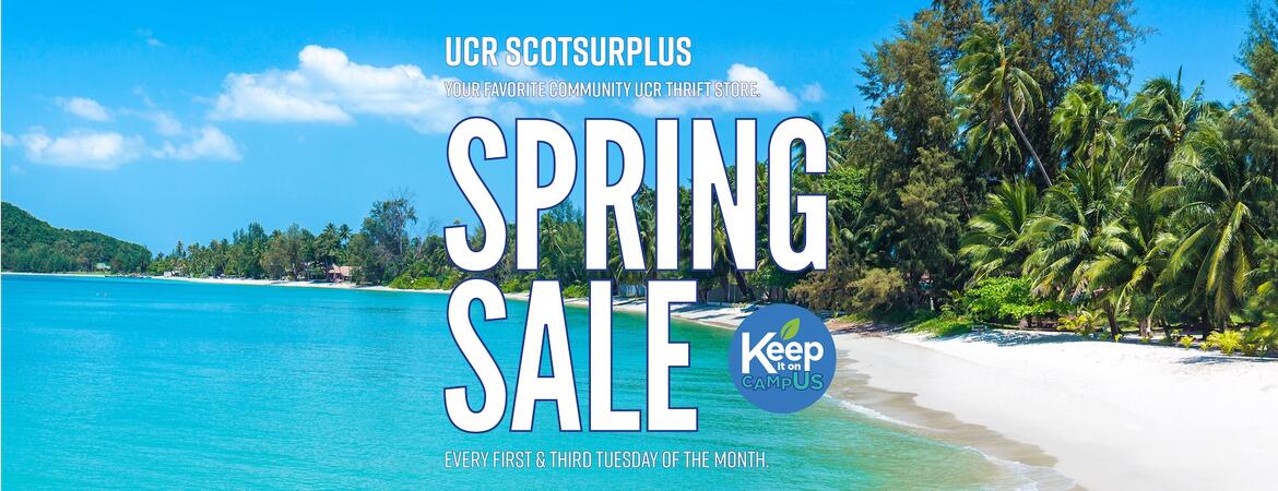 A beach scene with the text "UCR ScotSurplus Spring Sale."