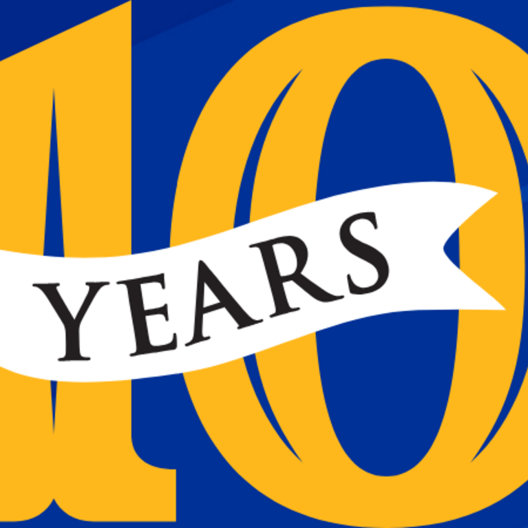 A blue background with a gold "10 Years".