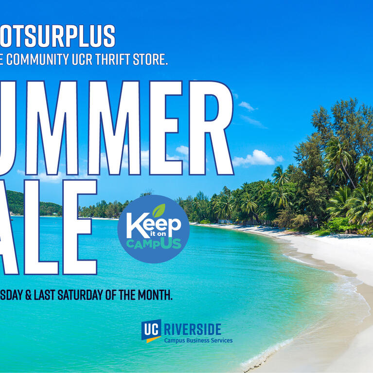 A beach scene with "UCR ScotSurplus Summer Sale: Every First Tuesday & Last Saturday of the Month."