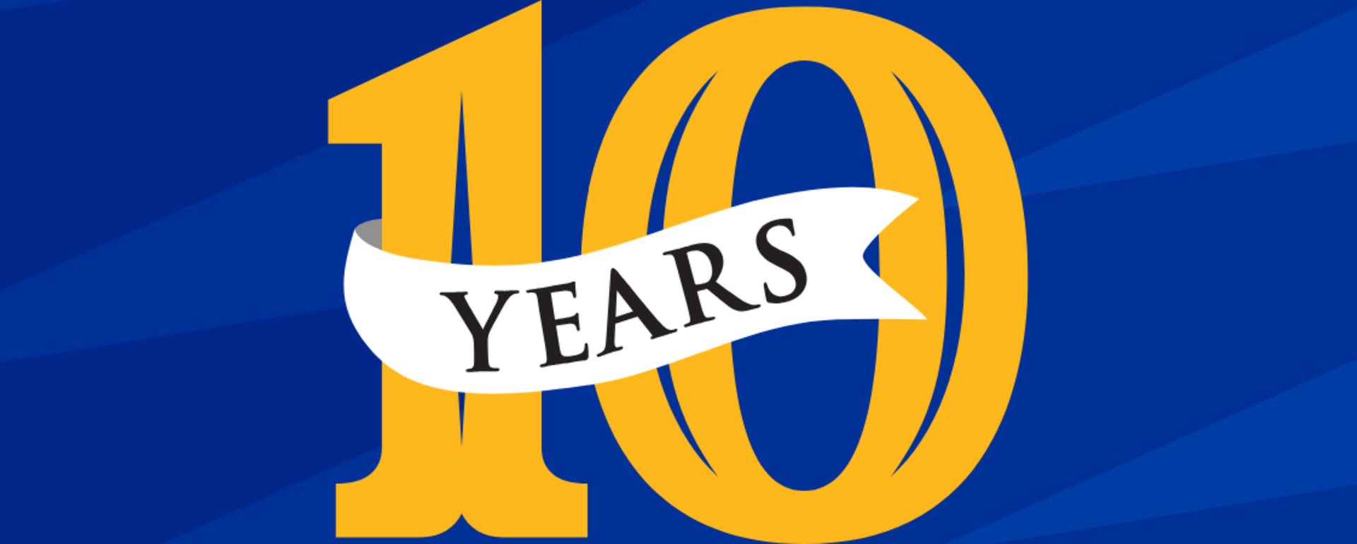 A blue background with a gold "10 Years".